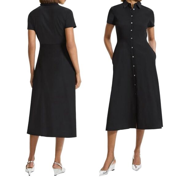 Theory Linen-Blend Good Crunch Midi Shirtdress Black Size 8 Button Front Dress - Picture 8 of 12